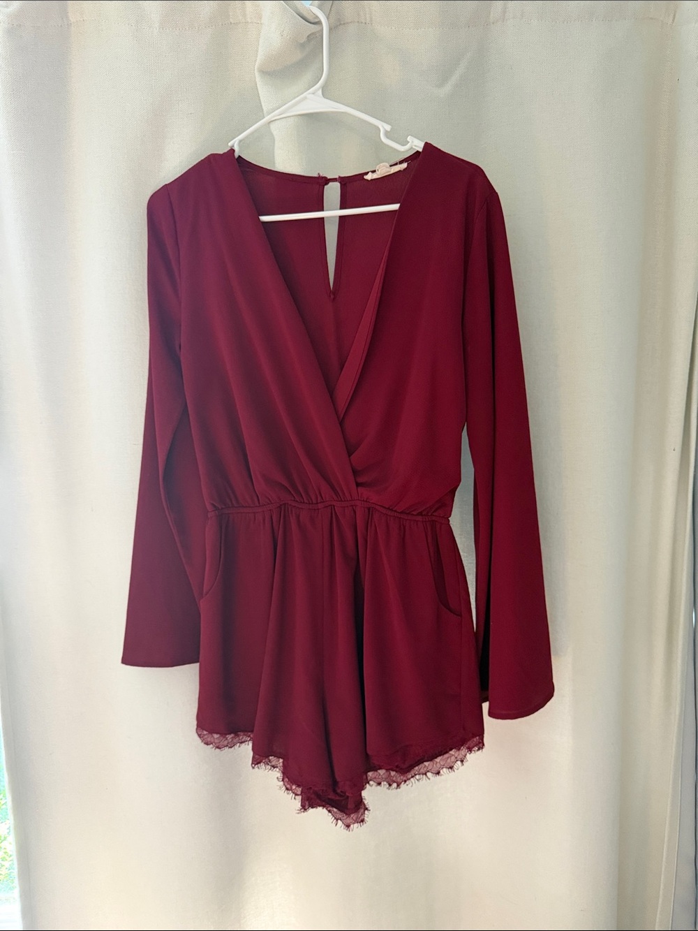 Illa Illa Women's Deep Wine Red Long Sleeve Romper with Lace Trim
